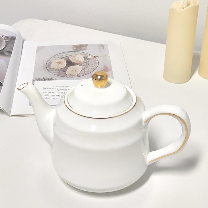 Strengthen Porcelain Teapot, 32oz Coffee Pot Ceramic Teapot- Stripe Design (White)