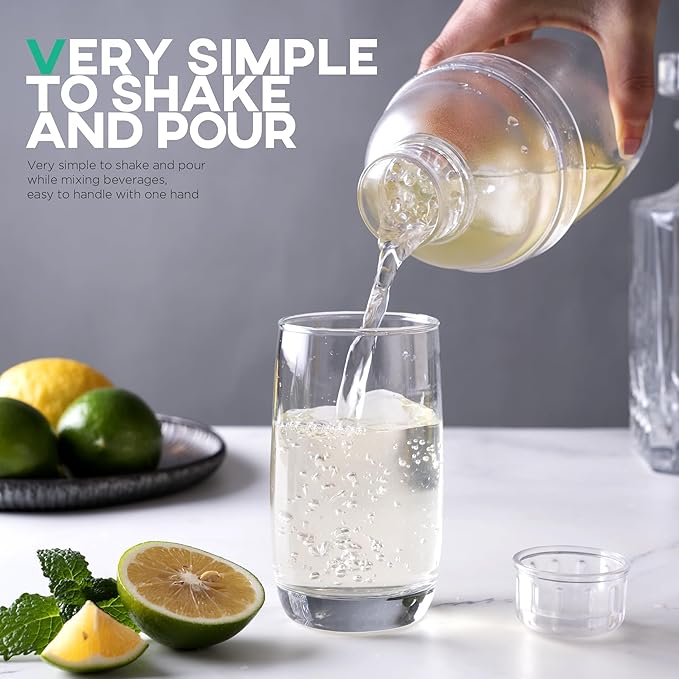 Homestia 2 pcs Clear Cocktail Shaker Set, 1 pcs Plastic Bar Shaker with 1pc Plastic Cocktail Double Measuring Jigger, Hand Drink Mixer Boba Tea Shaker w/Scales, Bar Tool Transparent (500ml/17oz)