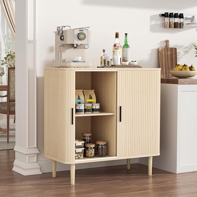 35" Fluted Accent Buffet Cabinet, Oak Small Storage Sideboard with Sliding Door, Mid Century Natural Credenza with Solid Wood Leg, Wine Coffee Bar Console Table for Kitchen, Entryway, Diningroom