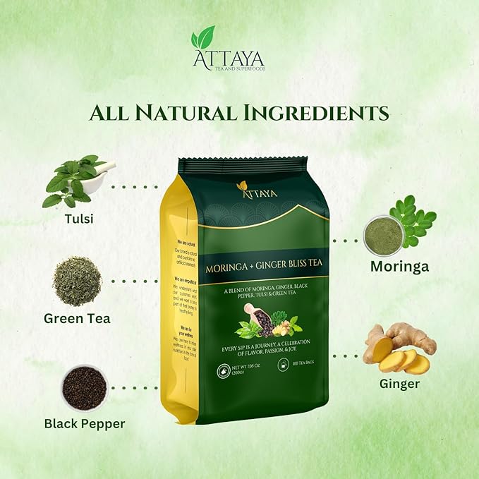 Attaya Moringa Ginger Bliss Tea – 35 Pyramid Bags | Antioxidant Superblend for Energy, Metabolism & Immunity | Moringa • Ginger • Tulsi • Black Pepper • Green Tea