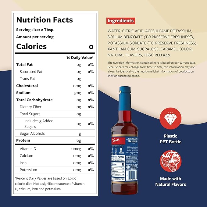Torani Sugar Free Syrup, Raspberry Flavored Syrup for Drinks, Zero Calorie, Pump Included, 25.4 Fl Oz