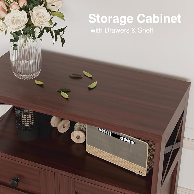 Dark Brown Storage Cabinet with Drawers and Shelves, Standing Kitchen Pantry Cabinet, Floor Storage Cabinet Hutch Cupboard, Coffee Bar Station for Dining Living Room Home Office