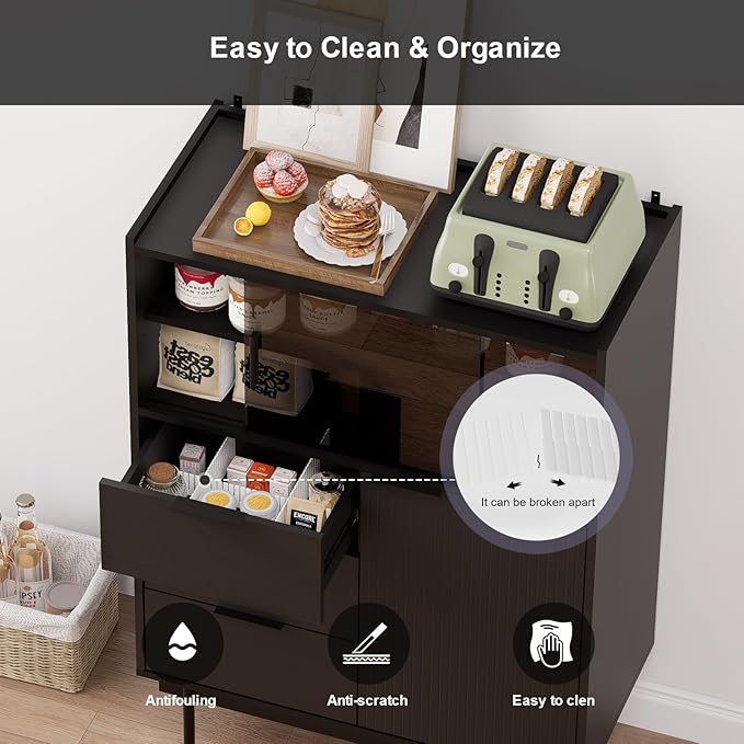 MEISSALIVVE Sideboard Cabinet, 31.5" x 45" Buffet Cabinet with Storage, Black Sideboard with 2 Sliding Doors & 3 Drawers, Coffee Bar Modern Entryway Storage for Living Room, Bedroom, Kitchen