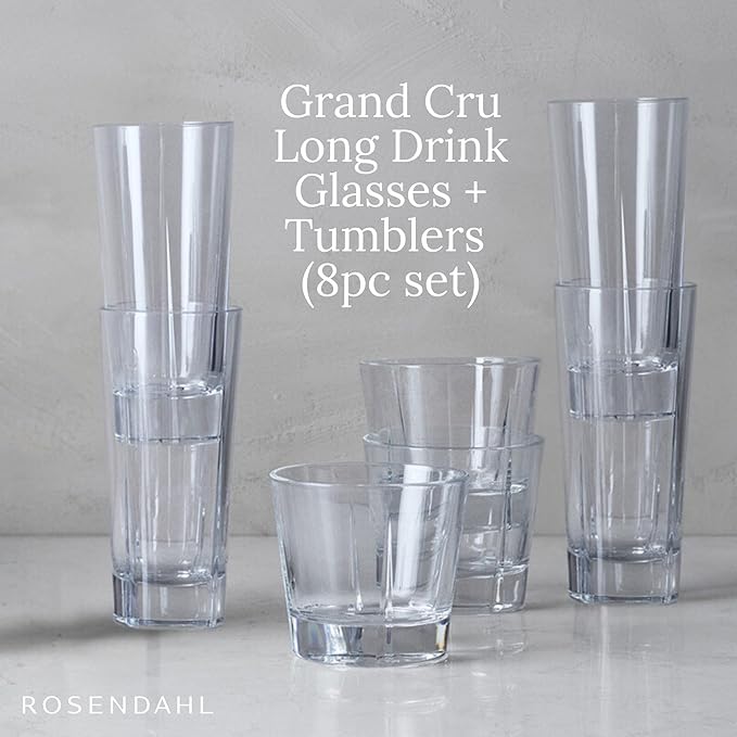Rosendahl Grand Cru Highball Glasses (Set of 8) - 4 x 10.1 Oz, 4 x 9.1 Oz Premium Crystal Cocktail Glasses for Whiskey, Mixed Drinks, and Tall Beverages - Classic Clear Highball Tumbler Barware
