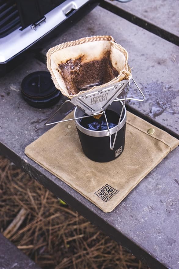 BruTrek Collapsible Pour Over Camping Coffee Maker - Stainless Steel Travel Brewing Kit, Reusable Cotton CoffeeSock Filters, Canvas Pouch Carrying Bag, Compact Packable Lightweight Design