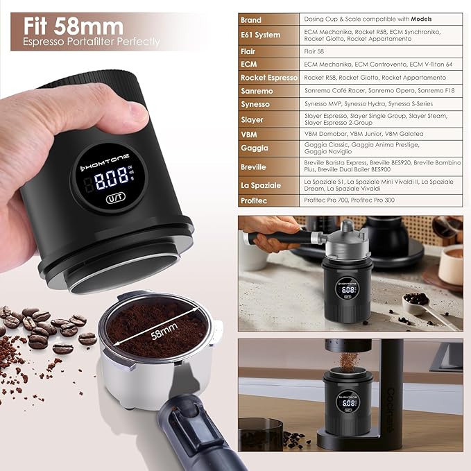 Homtone Coffee Dosing Cup with Scale, Rechargeable Espresso Scale, 0.05g Precision – Multi-Purpose for Espresso, Drip Coffee, French Press, Spices & More – Compatible with 58mm Portafilters (BLACK)