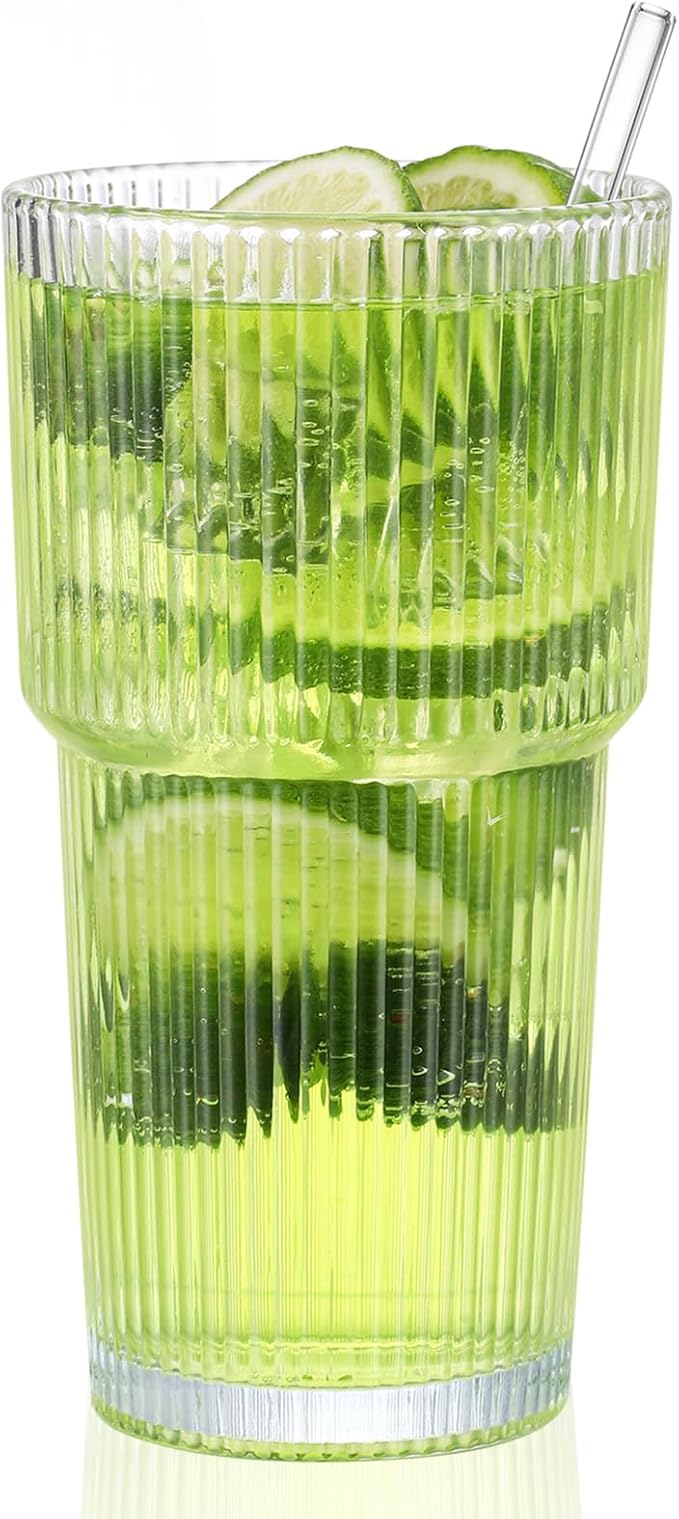 20 oz Glass Cups and Straw 2 Set, Glass Tumbler with Straw, Vintage Glassware for Whiskey Cocktail Beer, Iced Coffee Cups (2 PACK)