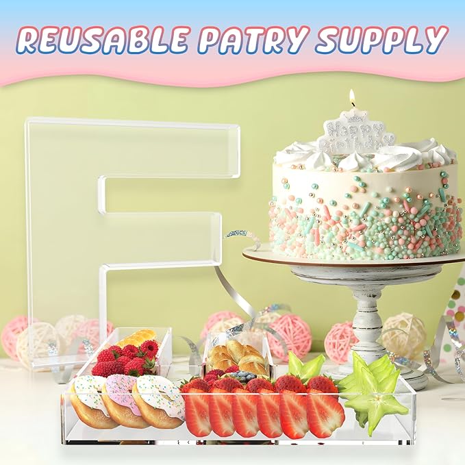 11" Acrylic Letter Charcuterie Box, Reusable Fillable Alphabet Number Shaped Form Tray for Birthday Anniversaries, Party Decorative Serving Plates Display Candy Cake (F)