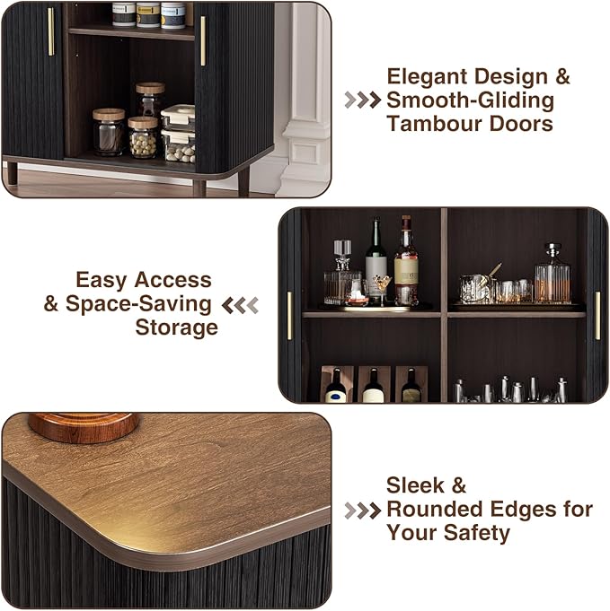35" Fluted Accent Buffet Cabinet, Black Small Storage Sideboard with Sliding Door, Mid Century Modern Credenza with Solid Wood Leg, Wine Coffee Bar Console Table for Kitchen, Entryway, Living