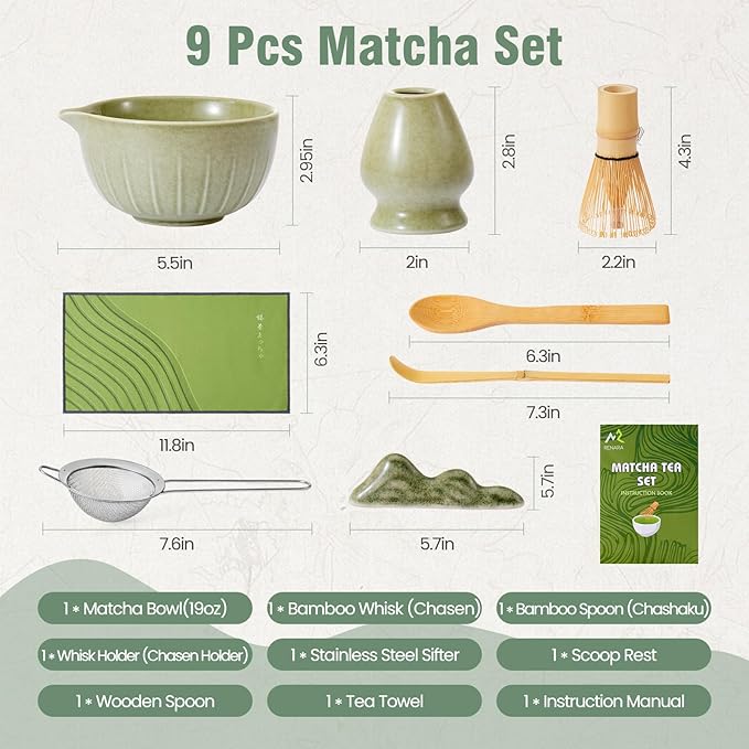 Matcha Whisk Set 9 Pcs | 19oz Ceramic Matcha Bowl with Bamboo Whisk & Holder, Sifter, Chashaku Scoop, Wooden Spoon, Scoop Rest, Tea Towel & Gift Box | Complete Matcha Kit for Matcha Lovers