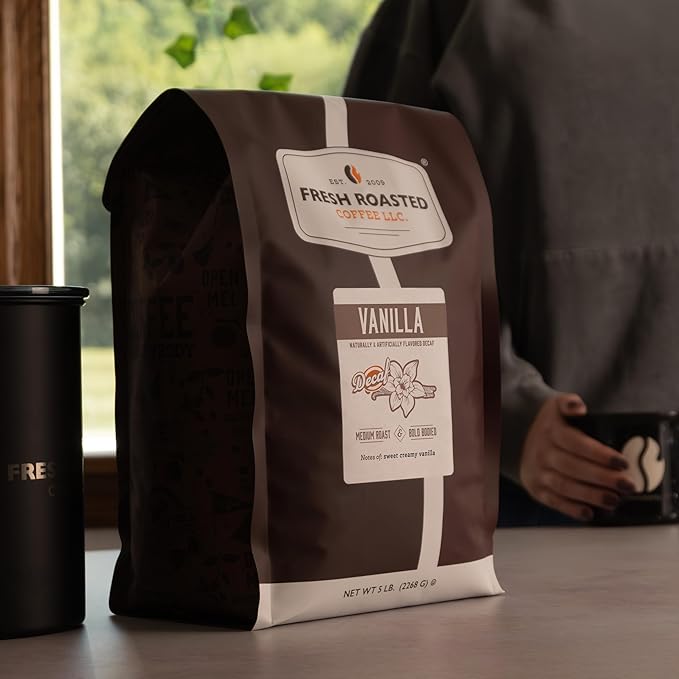 Fresh Roasted Coffee, Decaf Vanilla Flavored Coffee, 5 lb (80 oz), Medium Roast, Kosher, Whole Bean