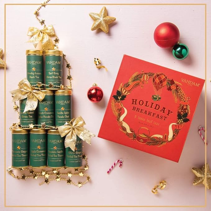 VAHDAM, Holiday Breakfast - Christmas Tea Gift Sets (90+ Cups) 9 Loose Leaf Teas - Luxury Gift Box | Christmas Gifts For Women, Men & Adults I Holiday Tea Gift Box
