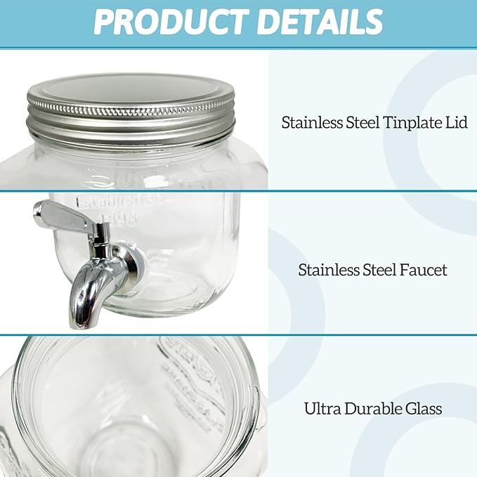 Tfwadmx 1 Gallon Drink Dispenser Glass Beverage Dispenser With Stand Leak Proof Stainless Steel Faucet Wide Mouth Mason Jar Style Drink Container Jug for Parties, Weddings, Lemonade, Cold Water