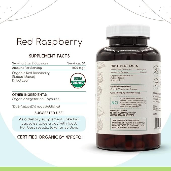 HerbEra Red Raspberry USDA Organic 120 Capsules | Natural Herbal Supplement | Certified Organic Vegetarian Capsules and Organic Red Raspberry (Rubus idaeus) Dried Leaf (120 Capsules)
