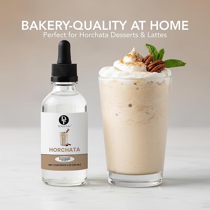 Dolce Flav Natural Horchata Extract, Water Soluble – 2 oz | Authentic Cinnamon Rice Flavoring for Baking, Desserts, Beverages & Syrups – Sugar Free, Kosher, Allergen Free