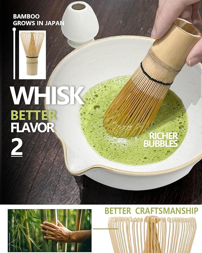 Matcha Whisk Set with Matcha Bowl, Matcha Bamboo Whisk, Scoop, Sifter, Matcha Set Holder Unique Gifts for Women Men Girl Friend Home Kitchen Decor Gifts for Christmas, Birthday(White)