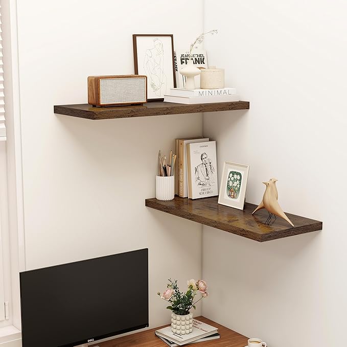 Dreamland 32" Floating Shelves for Wall, 12" Deep Slim Rustic Brown Floating Shelves, Wall-Mounted Shelves for Bedroom, Living Room, Kitchen, Bathroom - Set of 2
