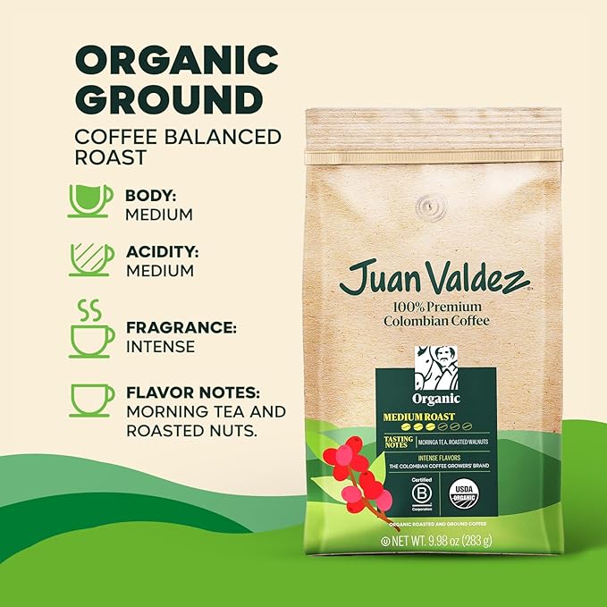 Juan Valdez Organic Ground Coffee, Balanced Roast 10 OZ - 100% Colombian Coffee USDA Organic Certified - 100% organic coffee free of chemicals in its cultivation process (Pack of 3)