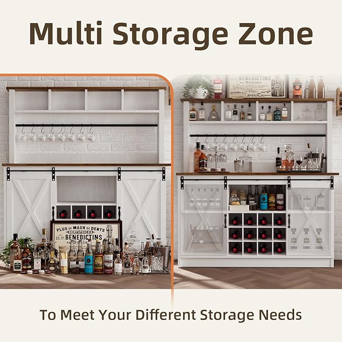 4ever2buy Farmhouse Coffee Bar Cabinet with 4 Storage Hutch, 55 Inch Wine Bar with 12 Wine Racks and 8 Hooks, Hutch Storage Cabinet with Sliding Barn Doors for Kitchen Dining Living Room, White