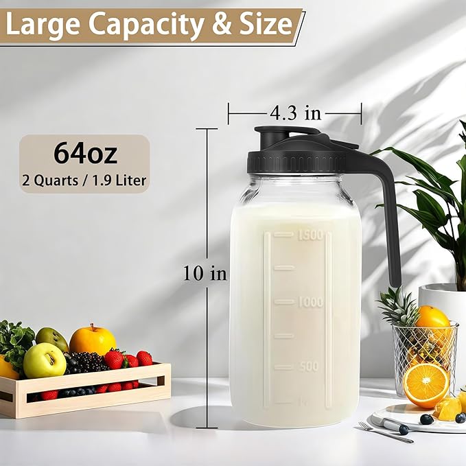 64oz Glass Pitcher with Handle and Lid, 2 Quart Mason Jar Pitcher - Airtight & Leakproof Water Jug with Pour Spout Lid, Glass Containers for Fridge, Perfect for Juice, Cold Brew, Iced & Sun Tea