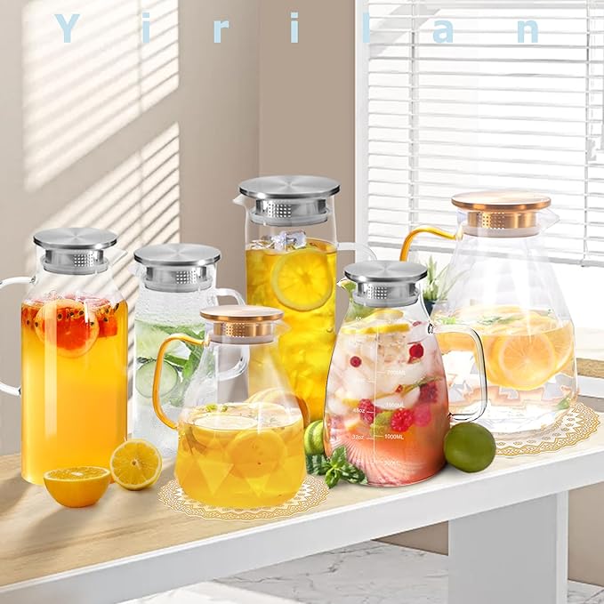 Yirilan Glass Pitcher, 2.3 Liter Beverage Pitcher with Lid for Hot & Cold Water, Iced Tea & Juice Drink - Includes Cup Brush