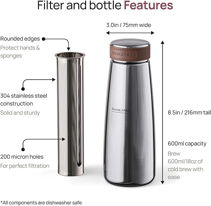 NitroPress Home Brew Kit - Stainless Steel Cold Brew Coffee & Tea Maker | Includes 200 Micron Filter Basket & Airtight Storage Cap | Perfect for Smooth, Fresh Cold Brew at Home