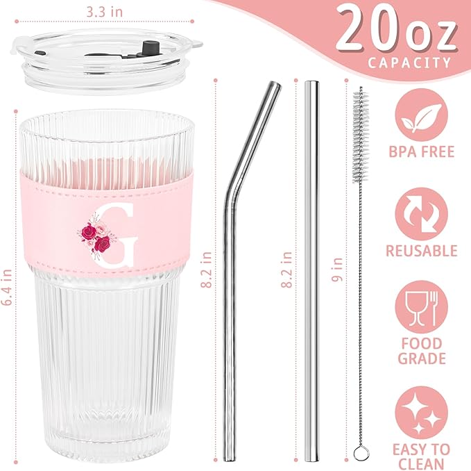 Personalized Gifts for Women,20oz Ribbed Glass Tumbler,Monogrammed Gifts for Women,Birthday Gift,Ice Coffee Mug,Christmas Gift for Mom Sister-G
