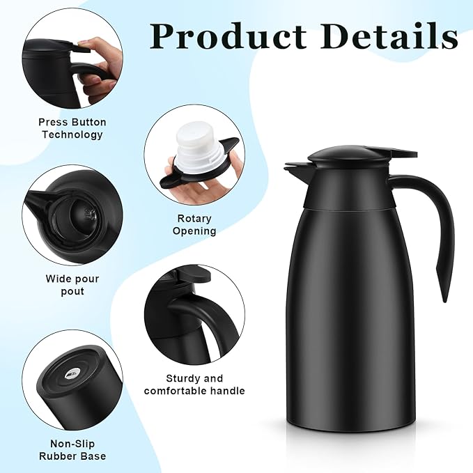 2 Pcs 51 oz Thermal Coffee Carafe for Keeping Hot Insulated Stainless Steel Vacuum Thermal Pot Flask Double Walled Vacuum Coffee Carafe for Beverage Water Tea, 12 Hot 24 Hours Cold(Black)