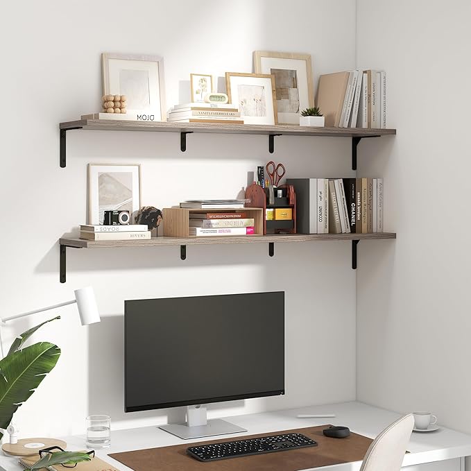 Fun Memories Deep Floating Shelves, 48W x 8D Floating Shelves Set of 2, Wall Mounted Shelf with Metal Brackets, Rustic Wood Wall Shelf for Bathroom, Kitchen and Living Room, Grey