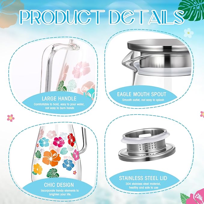 Domensi 74 oz / 2200 ml Glass Pitcher with Lid Water Pitcher with Handles Beverage Water Jar Glass Jug Hot and Cold Resistant Carafe for Tea Juice Milk Coffee Iced Beverage(Hawaiian Flowers)
