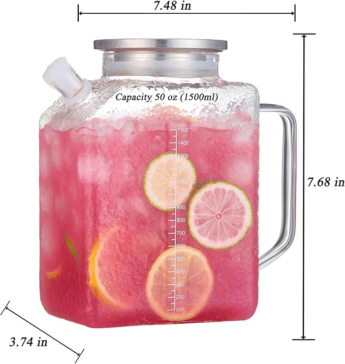 Purefold 1.5 Liter/50 oz Water Pitcher with Full Seal Lid and Spout, High Borosilicate Glass Jug, Leakproof Fridge Door Carafe for Iced Tea, Coffee, Juice, Milk Beverage (Textured)