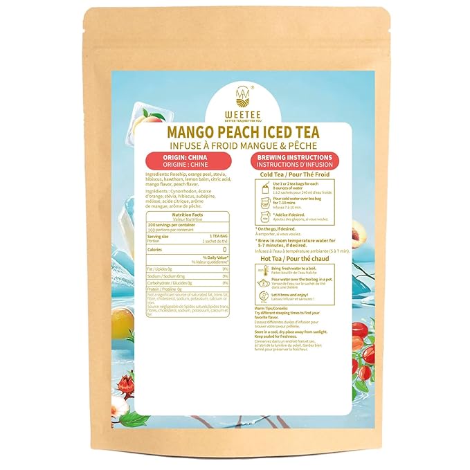 WT WEETEE Mango Peach Iced Tea, 100 Count Cold Brew Tropical Fruit Flavored Iced Tea Bags, Caffeine-Free Herbal Blend Tea of Rosehip, Hibiscus, Hawthorn