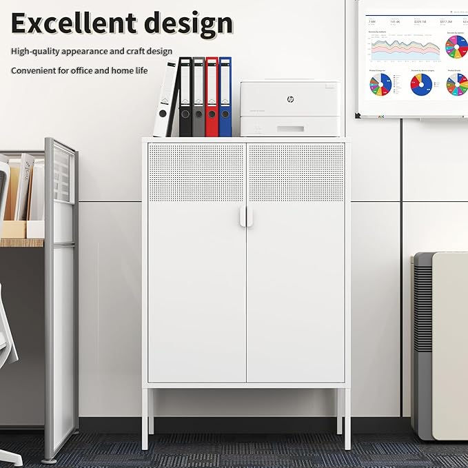 White Metal Storage Cabinet with 2 Doors - 47''H Locker Cabinet, 3 Tier Locker with Adjustable Shelves, Office Storage Locker for Office, Home, Living Room, Kitchen
