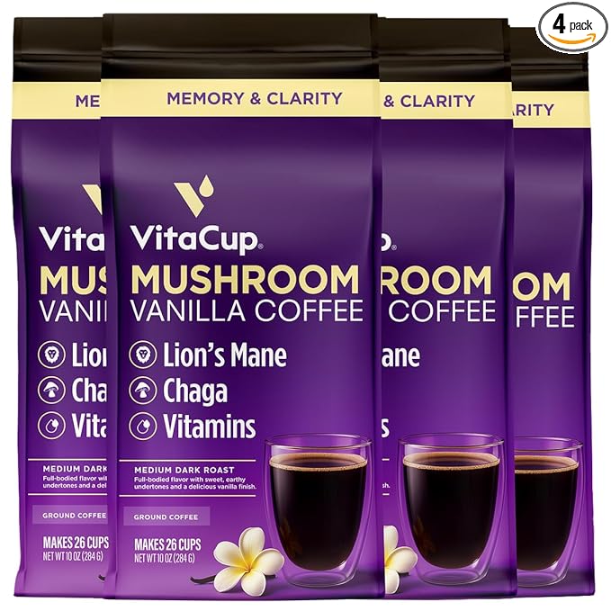 VitaCup Focus Mushroom Coffee Grounds, Vanilla Flavored Coffee with Lions Mane, Chaga, B Vitamins, D3, Boost Focus, Immunity, Memory & Clarity, Medium Dark Roast, 100% Arabica Specialty, 4 bags, 10oz each