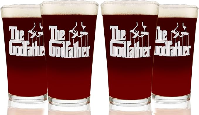 The Godfather Etched Pint Beer Glass - Officially Licensed, Premium Quality, Handcrafted Glassware, 16oz. Set of 4 - Perfect Collectible Gift for Movie Lovers, Birthdays & Special Occasions