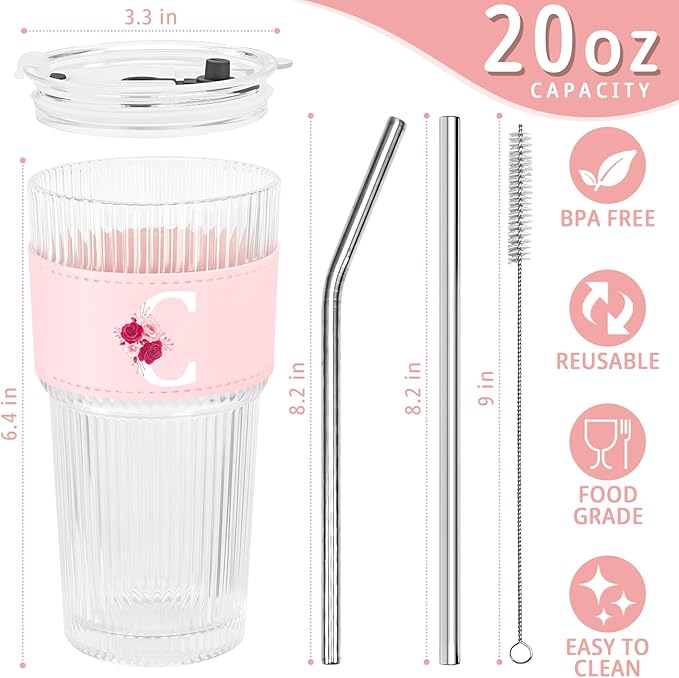 Personalized Gifts for Women,20oz Ribbed Glass Tumbler,Monogrammed Gifts for Women,Birthday Gift,Ice Coffee Mug,Christmas Gift for Mom Sister-C