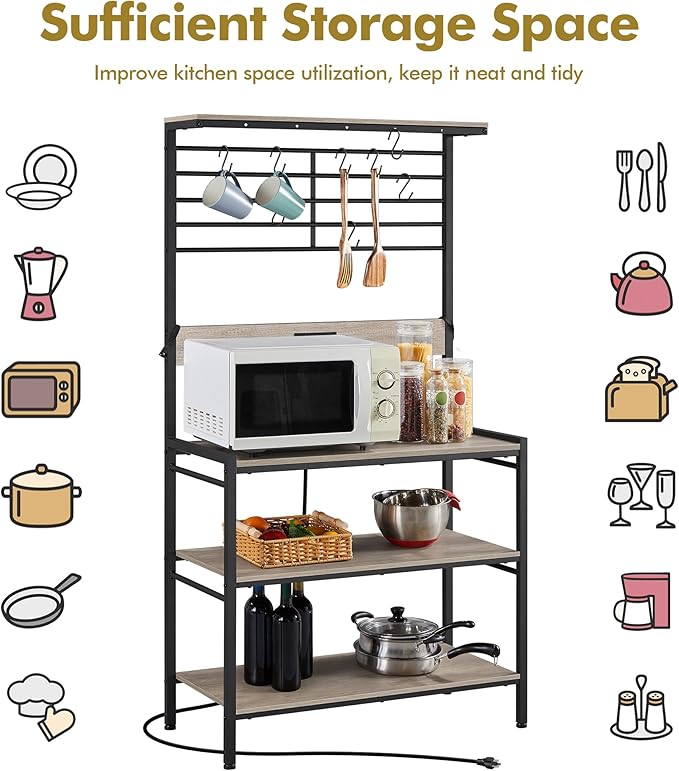 Yaheetech Bakers Rack with Power Outlet, Shelf Unit Coffee Bar Station with 5 S-Hooks & Adjustable Feet, Microwave Stand with Storage Shelf for Dinning Room/Living Room, Gray