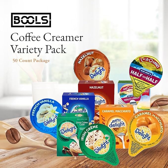 Coffee Creamer Singles Variety Pack Packaged by Bools, Mini Coffee Creamer & Mini Mooo's 5 Flavor Assortment (50 Pack) for Home, Office, Coffee, Bar, Gift