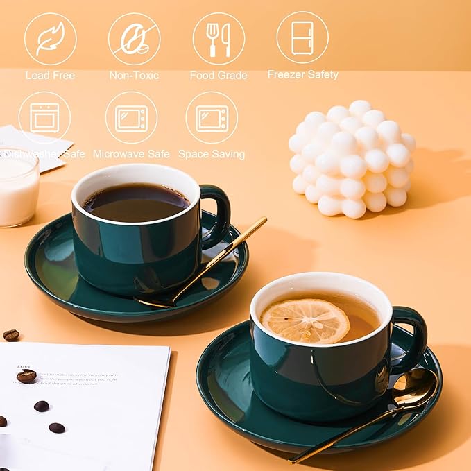 Coffee Cups and Saucers Set of 4 with Stainless Steel Spoons, 8oz Ceramic Cappuccino Cups Set, Green Durable Porcelain Cups for Tea, Latte, Mocha