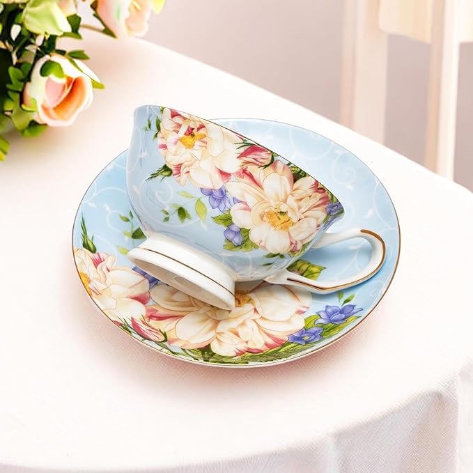 ONEUSTAR Tea Cup and Saucer Set for 1 Bone China Coffee Cup 7 oz Vintage Floral English Teacup for Women Tea Party Birthday Mother's Day Gift, Blue