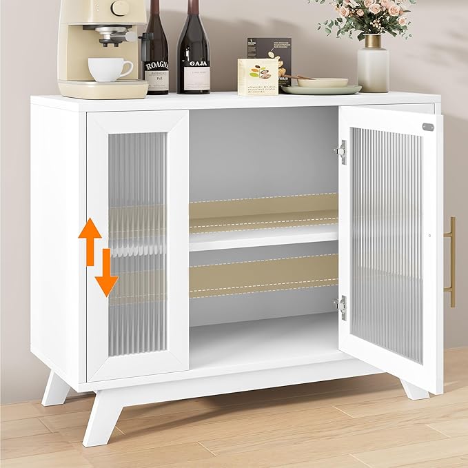 CABIHOME Buffet Cabinet, 36" Sideboard Buffet Storage Cabinet with Adjustable Shelves and Fluted Glass Door, Modern Coffee Bar, Table for Kitchen, Dining Room, White