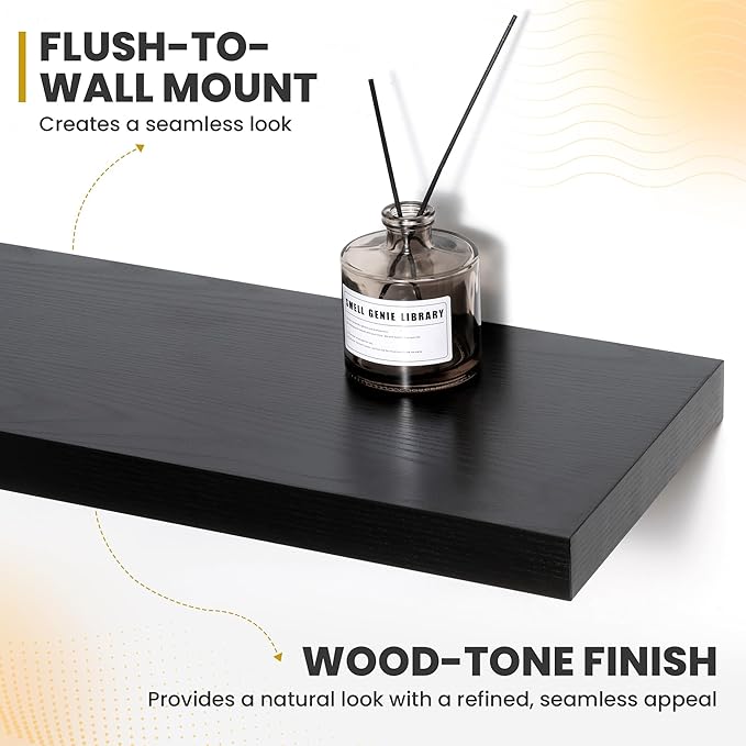 40 Inch Floating Shelves, 9.3" Deep Floating Shelf Wall Mounted, 40" Wall Shelves, Rustic Deep Bookshelf, Large Display Shelves & Storage Shelves for Bedroom, Living Room, Black, Set of 2