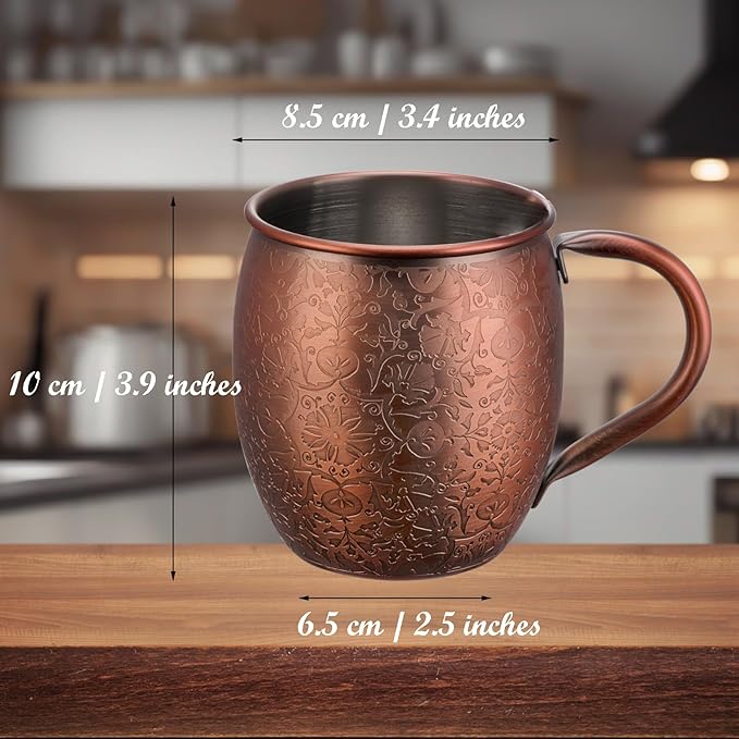 Moscow Mule Mugs - 18 Oz Copper-Plated Fine Craftsmanship Etched Mugs,304 Stainless Steel-Lined Mule Cups,For Cold Drinks, Beer, Wine, Bars, Parties