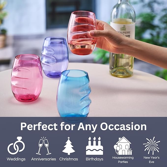Unbreakable European Plastic Crystal, Stemless Wine Glasses | Set of 4, 13.5 OZ | Acrylic Tritan Set with 3-Finger Indentations - Pastel Colored Tumbler Set, BPA Free, Reusable, Naturally Aerates Wine