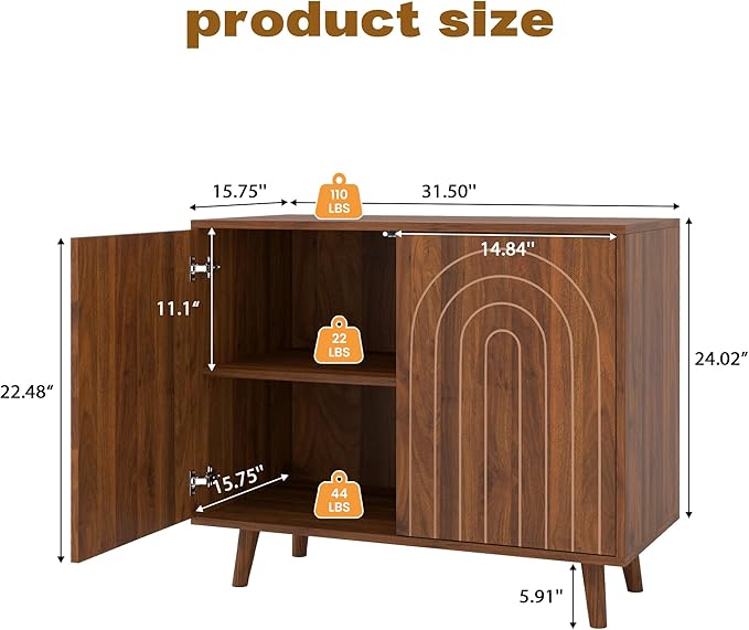 Accent Cabinet with Carving Lines, Modern Buffet Sideboard with Adjustable Shelves, Decorative Storage Cabinets for Bedroom Living Room Kitchen Office and Hallway (Walnut, 1)