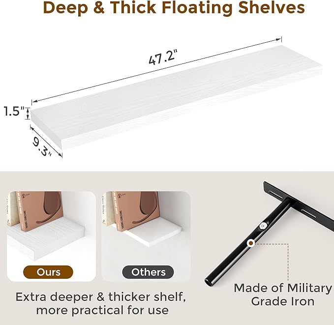 Fun Memories Farmhouse Floating Shelves for Wall, 48 x 9.3 Large Floating Shelf Wall Mounted, Rustic Wood Shelves for Bathroom, Kitchen, Living, Heavy-Duty Storage Deep Shelf for Books, Decor, White