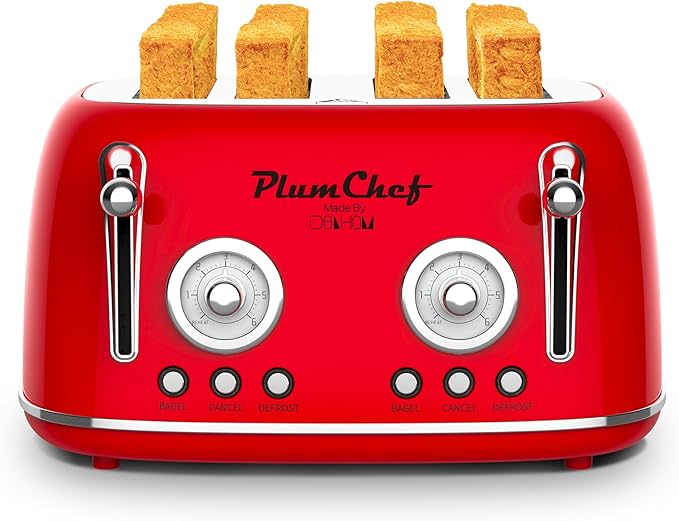 4 Slice Retro Style Toaster, Dual Control Toaster with Warming Rack, 6 Browning Settings, Bagel/Defrost Functions, Removable Crumb Tray, Stainless Steel Housing 1650W, Red