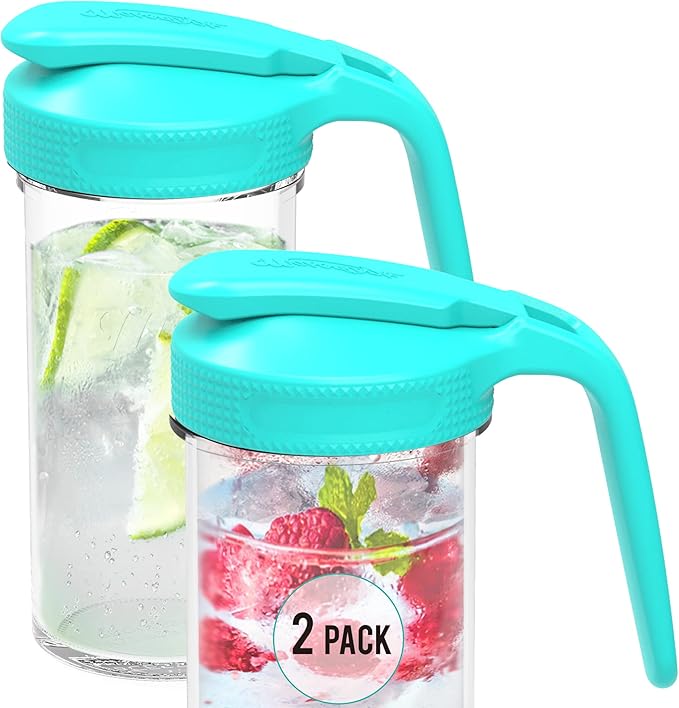 Masontops Multi Pour Top Mason Jar Lid with Handle - Wide Mouth Mason Jar Pour Spout Lid Pourer - Ball Mason Jar Pitcher Lid with Handle and Flip Cap – Glass Mason Jar Pitcher Not included - 2 Pack