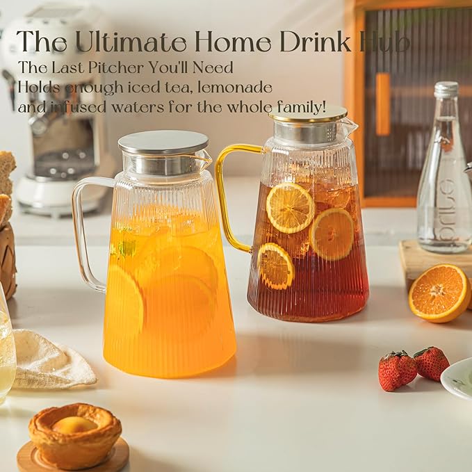 71oz Glass Pitcher with Lid, Ribbed Beverage Carafe for Hot & Cold Drinks, Water Jug with Handle for Juice, Tea, Milk, Iced Coffee – Heat Resistant Glass Serveware