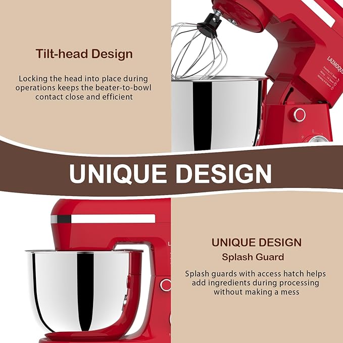 3 in 1 Electric Stand Mixer with 5.5 Quart Bowl, Household Food Mixer 10+p Speeds, Kitchen Tilt-Head Bread Dough and Cake Mixers for Home Daily Use (Red)